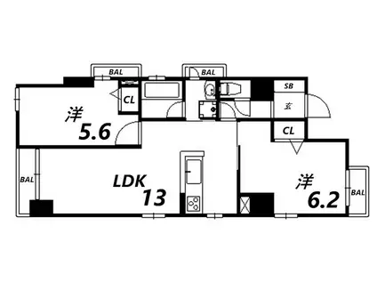 アンゼン十二所前(2LDK/2階)の間取り写真