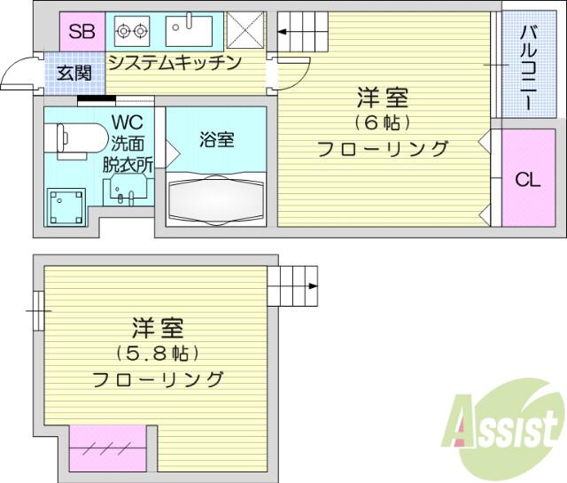 CHEERLIVE仙台宮町(1K/2階)の間取り写真
