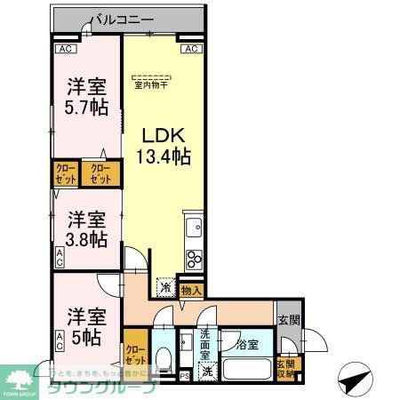 CALME VILLE(3LDK/2階)の間取り写真