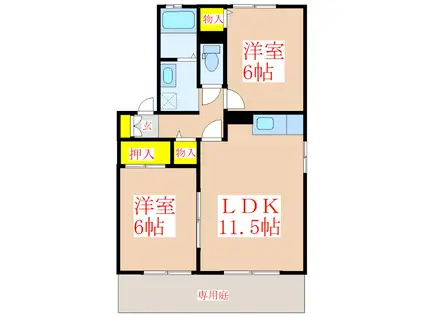 ヴェルドミール隼人A棟(2LDK/1階)の間取り写真