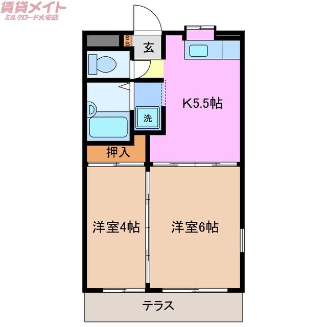 リバージュ中菰野(2K/1階)の間取り写真