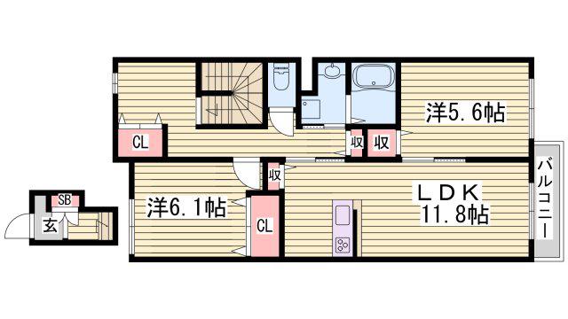 シャンティ夢前B(2LDK/2階)の間取り写真