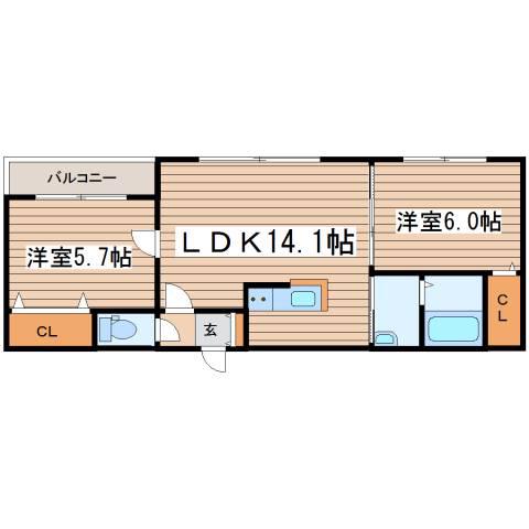 ベルフォレII(2LDK/1階)の間取り写真