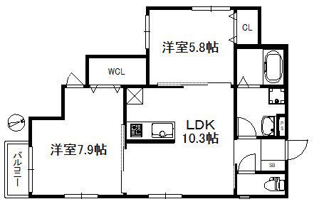 ベルプライム姪浜(2LDK/3階)の間取り写真