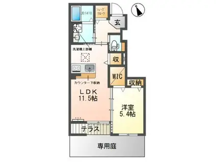 シェルル・ロココモダンII本沢合(1LDK/1階)の間取り写真