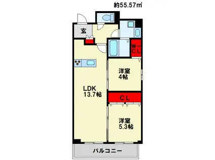 MYS CASETTE KOKURA -ミースカセッタ小倉-(2LDK/7階)の間取り写真