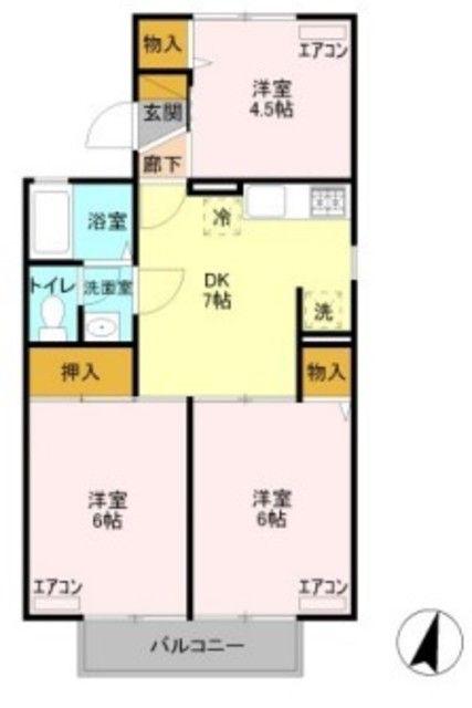 プリムヴェールA(3DK/2階)の間取り写真