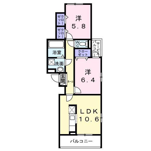 ユニゾン安満 B棟(2LDK/2階)の間取り写真