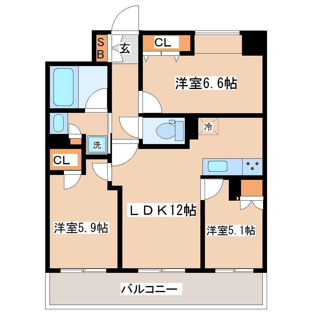 プライムアーバン仙台五橋(3LDK/5階)の間取り写真