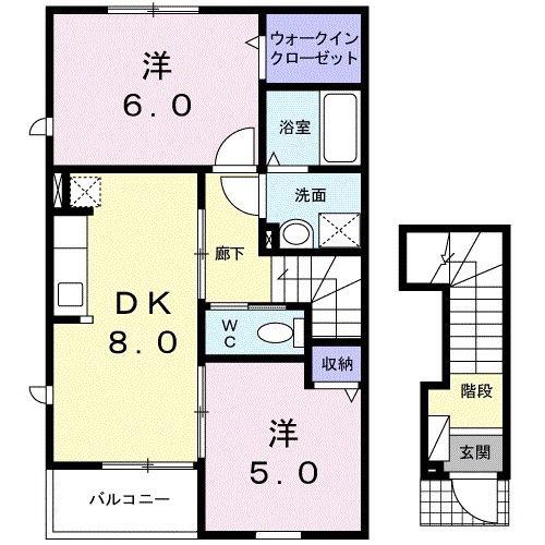 ベルズかたかごC(2DK/2階)の間取り写真