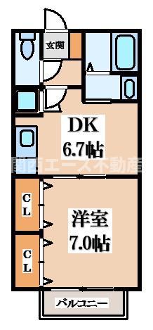ボヌールI棟(1DK/2階)の間取り写真