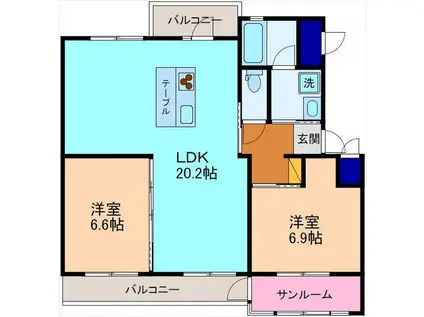アクアルーチェ北安江(2LDK/1階)の間取り写真