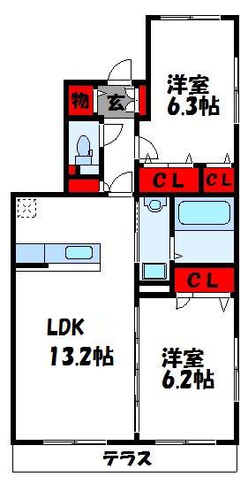 マガール21B棟(2LDK/2階)の間取り写真