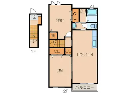 ブルーシエル浜の宮 I(2LDK/2階)の間取り写真