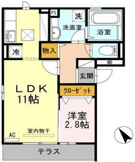 プレンティー引野 B棟(1LDK/1階)の間取り写真