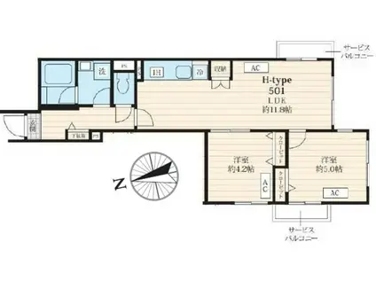 フォセット池田山(2LDK/5階)の間取り写真