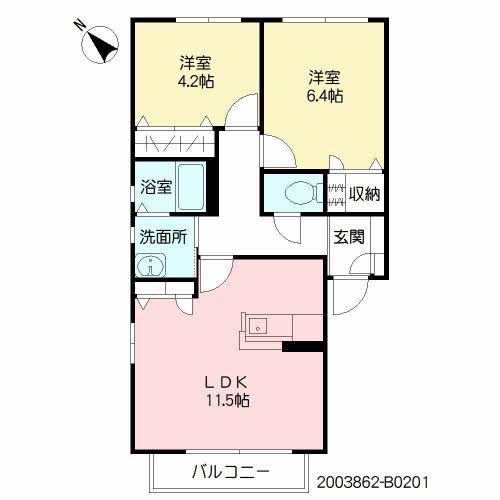 フェリーチェ学研台II B棟(2LDK/2階)の間取り写真