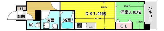 ALIVIS新町(1DK/3階)の間取り写真