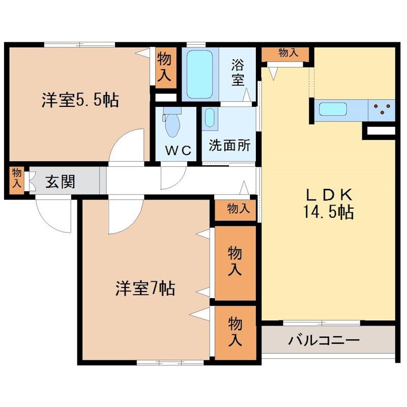 サンシャインヒルズ(2LDK/2階)の間取り写真