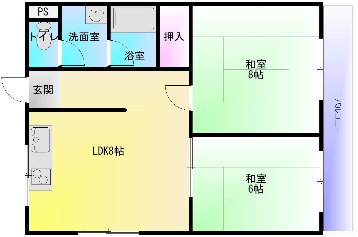 ビートル山本北A棟(2LDK/1階)の間取り写真