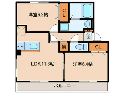 スクエア田村B(1LDK/2階)の間取り写真