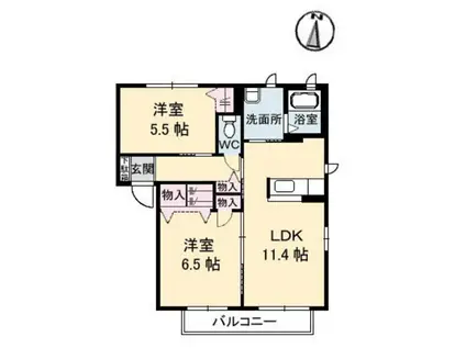 ビューヒルズ若野B棟(2LDK/2階)の間取り写真