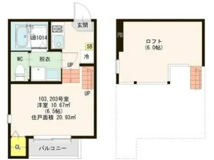 プランドール太子堂(1K/2階)の間取り写真