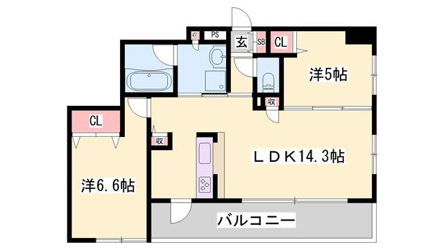 エスリード姫路(2LDK/13階)の間取り写真