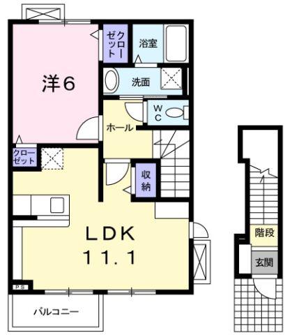 プレ ブリッジ シェトワIII(1LDK/2階)の間取り写真