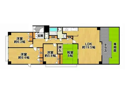 ガーデンコート神戸三田C棟(4LDK/1階)の間取り写真