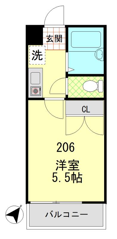 キャトルセゾン相模原(1K/2階)の間取り写真