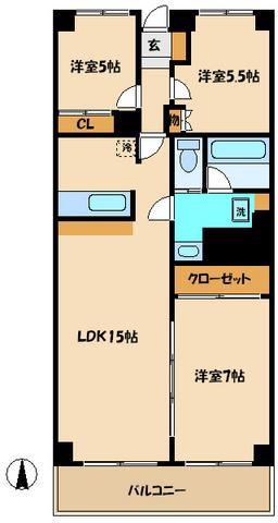 鹿沼公園ハイリビング(3LDK/2階)の間取り写真