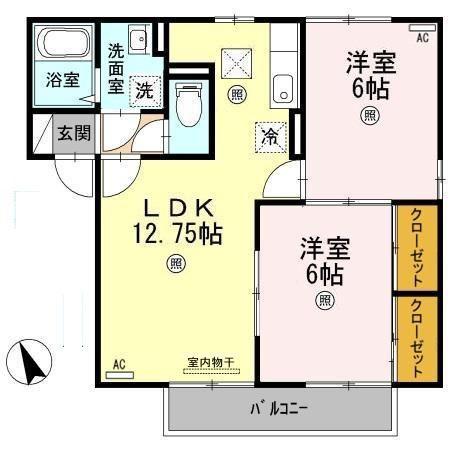 ロワール福原B棟(2LDK/1階)の間取り写真