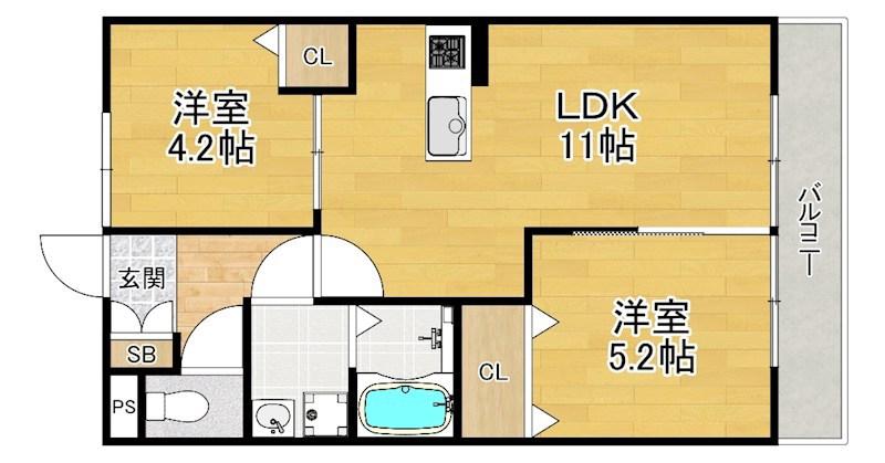 メゾンヴィオレ翔開(2LDK/1階)の間取り写真