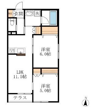 フェリーチェ(2LDK/1階)の間取り写真