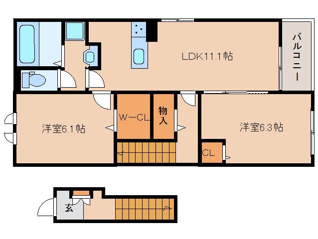 グランド萩ヶ丘I(2LDK/2階)の間取り写真