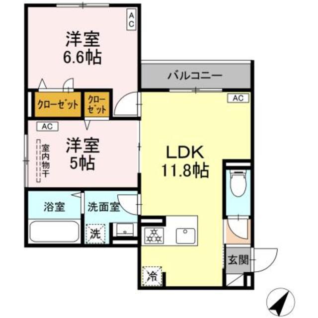 セレスティア細田B(2LDK/2階)の間取り写真