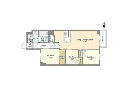 アジールコート練馬中村橋(3LDK/4階)の間取り写真