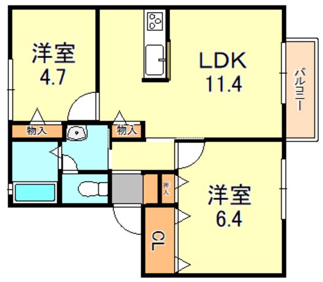 シャーメゾン魚住B棟(2LDK/2階)の間取り写真