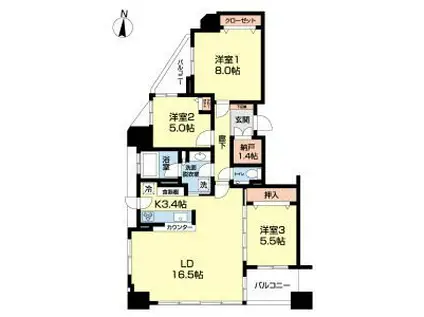 クリーンリバーフィネス山鼻南(3LDK/8階)の間取り写真