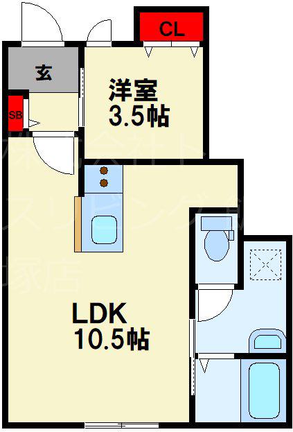 イーヴス上三緒 B棟(1LDK/1階)の間取り写真