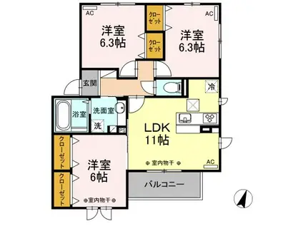ヴューテラス寺尾の森B(3LDK/1階)の間取り写真