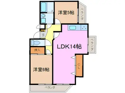 ヒルズ茶園(2LDK/3階)の間取り写真