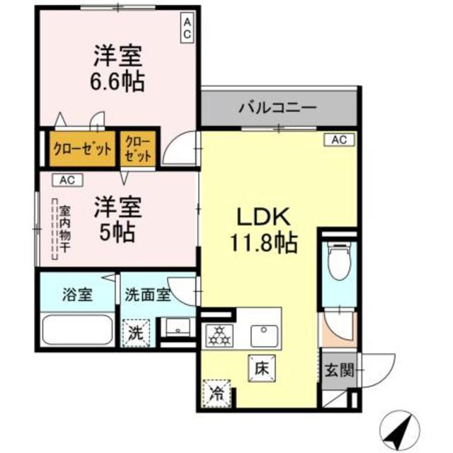セレスティア細田B(2LDK/1階)の間取り写真