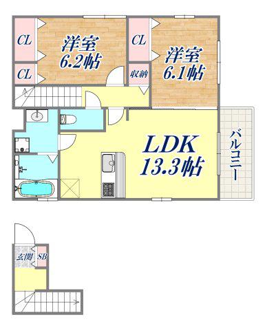 GIBBOUSU HOUSE十三夜(2LDK/2階)の間取り写真