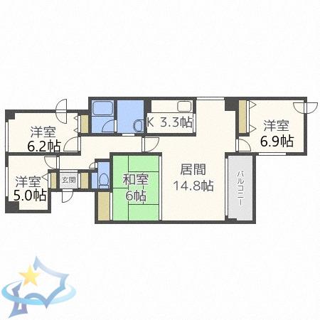 リラハイツ山鼻(3LDK/3階)の間取り写真