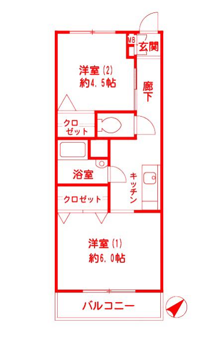 横浜スカイマンション(2K/4階)の間取り写真