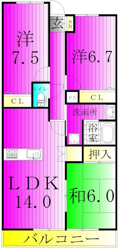 モラダあけぼの(3LDK/1階)の間取り写真
