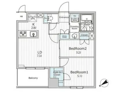 ビエラコート日本橋久松町(2LDK/11階)の間取り写真