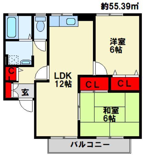 セジュールやつえB棟(2LDK/1階)の間取り写真